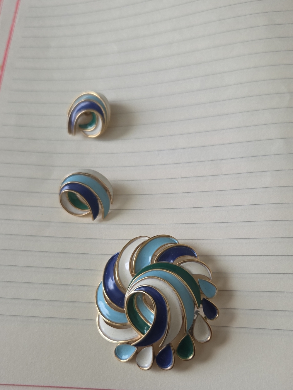 Vintage Trifari Enamel Swirl Brooch and Earring Set - Blue, Teal & White